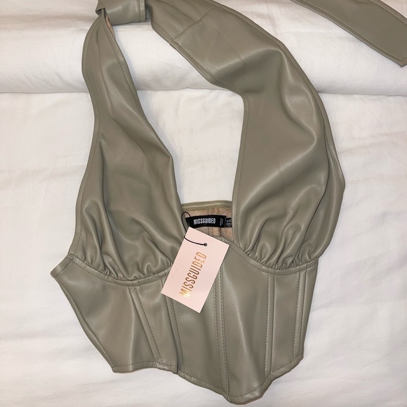 Sage Faux Leather Ruched Halterneck Corset Top - Picture 2 of 6